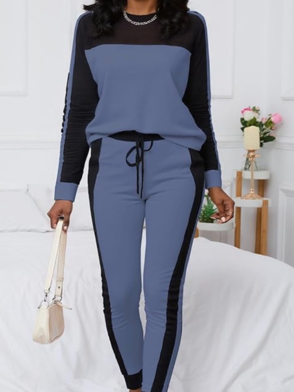 Chic Nation Two-Tone Slate Blue & Black Track Jogger Set